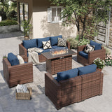 VONZOY Patio Furniture Set with Fire Pit Table, 5 Pieces Outdoor Furniture Sets, Wicker Patio Conversation Sets w/Waterproof Covers for Backyard, Porch, Balcony, Poolside(Navy Blue) VONZOY