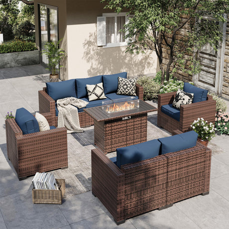 VONZOY Patio Furniture Set with Fire Pit Table, 5 Pieces Outdoor Furniture Sets, Wicker Patio Conversation Sets w/Waterproof Covers for Backyard, Porch, Balcony, Poolside(Navy Blue) VONZOY