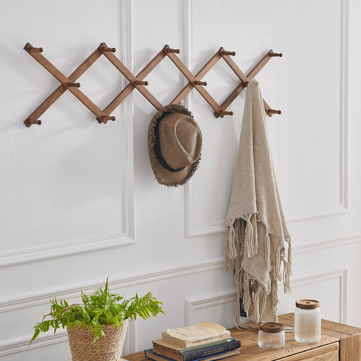 SKOLOO Accordion Wall Hanger, Modern Expandable Coat Rack Wall Mounted, Solid Wooden Wall Hat Rack for Wall, 14 Peg, Walnut SKOLOO