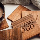 Logo Wooden Coaster, Engraved Wood Coaster, Custom logo Coaster, Walnut Wood Coaster, Business Gift, Corporate Gift, Office Table Decor (4" (10 cm) Square) tigercodesigns