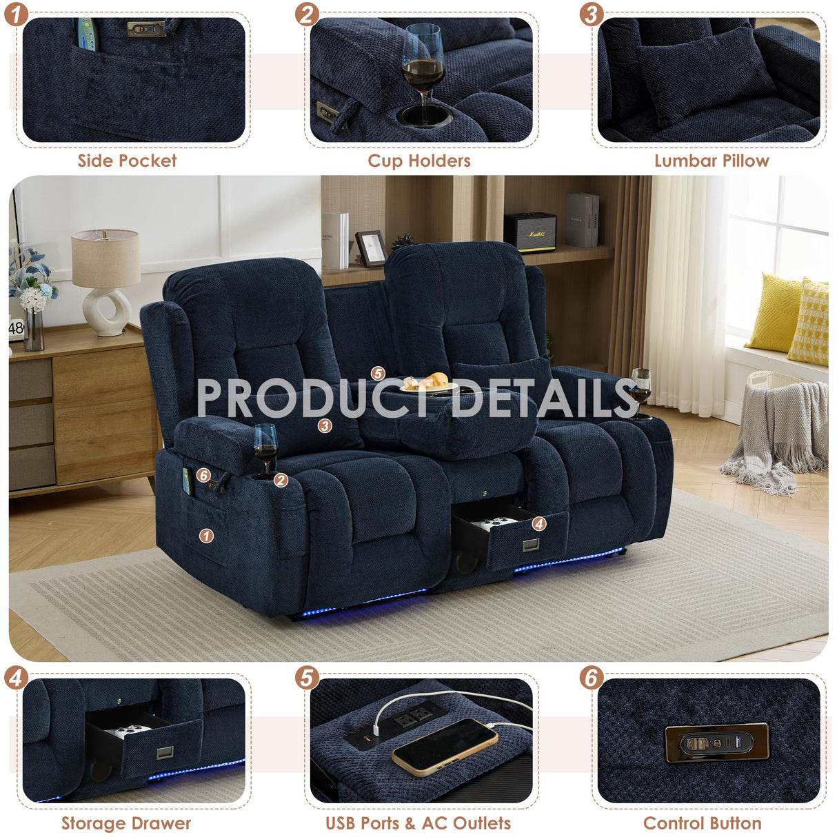 TUNYI Wall Hugger Power Loveseat Recliner - Reclining Loveseat with Console Theater Seating RV Recliner Sofa with USB/Outlet/Speaker/Cup Holder/LED Light/Storage (Beibei VelvetBlue) TUNYI