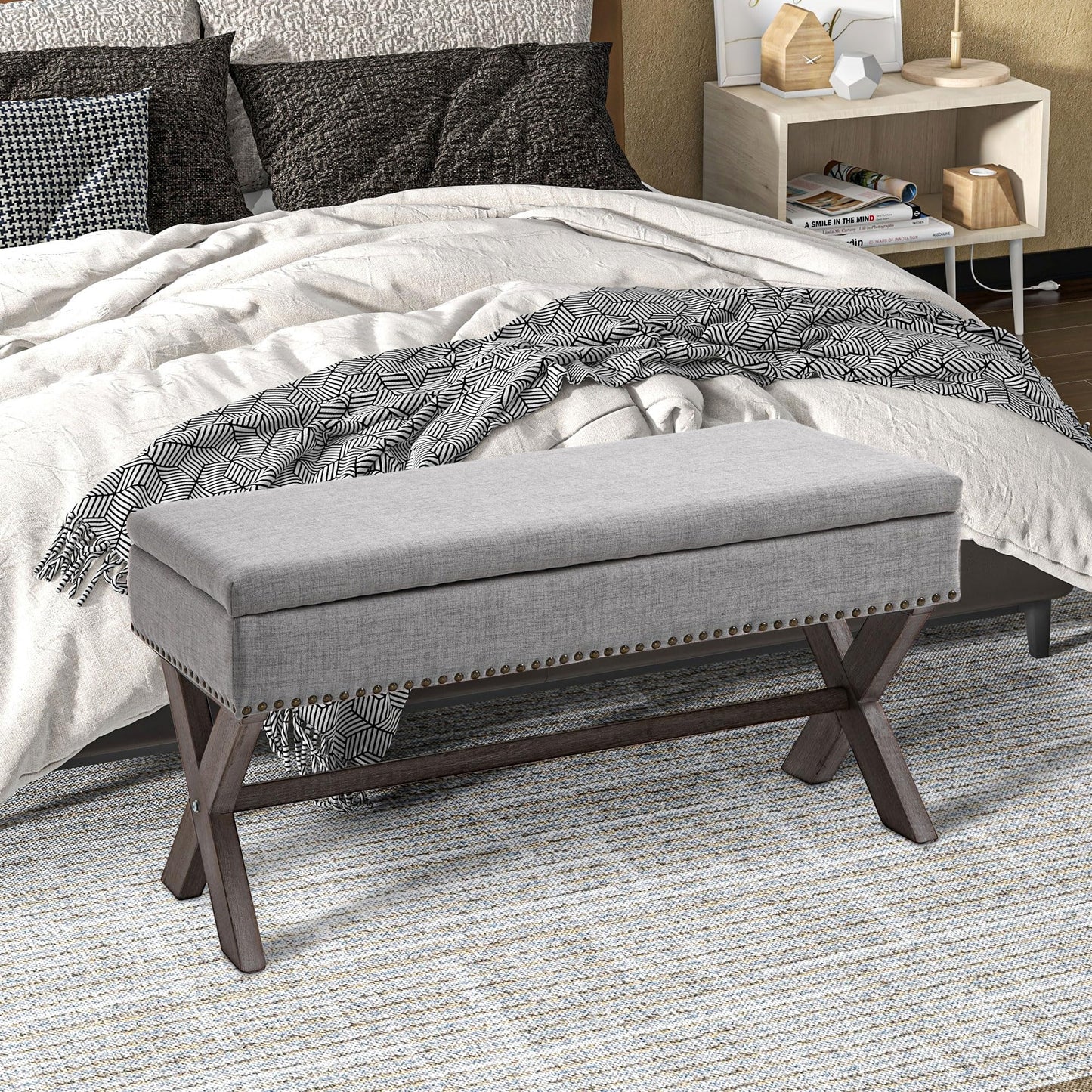 HOMCOM 35.75" Storage Ottoman, Upholstered Storage Bench with Hidden Space, Nailhead Trim and X-Shaped Wood Legs, for Living Room, Entryway, Bedroom, Grey - WoodArtSupply