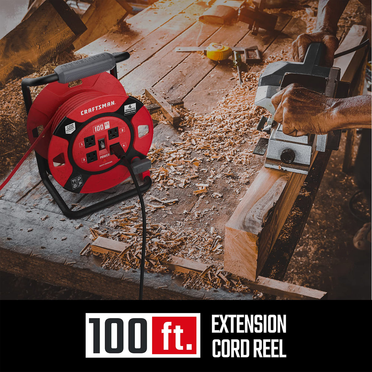 CRAFTSMAN 100 Ft. Retractable Extension Cord Reel With 4 Outlets & Heavy Duty 14AWG SJTW Cable CRAFTSMAN