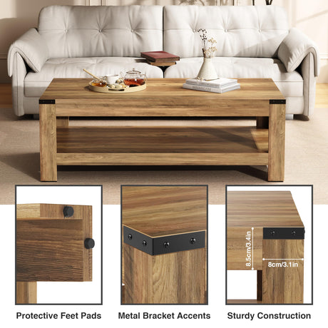 Farmhouse Coffee Table, 47.2" Modern Rustic Wooden Center Table with Storage, Rectangle Living Room Tables, 2-Tier Industrial Cocktail Tea Table for Living Room OWIPAW