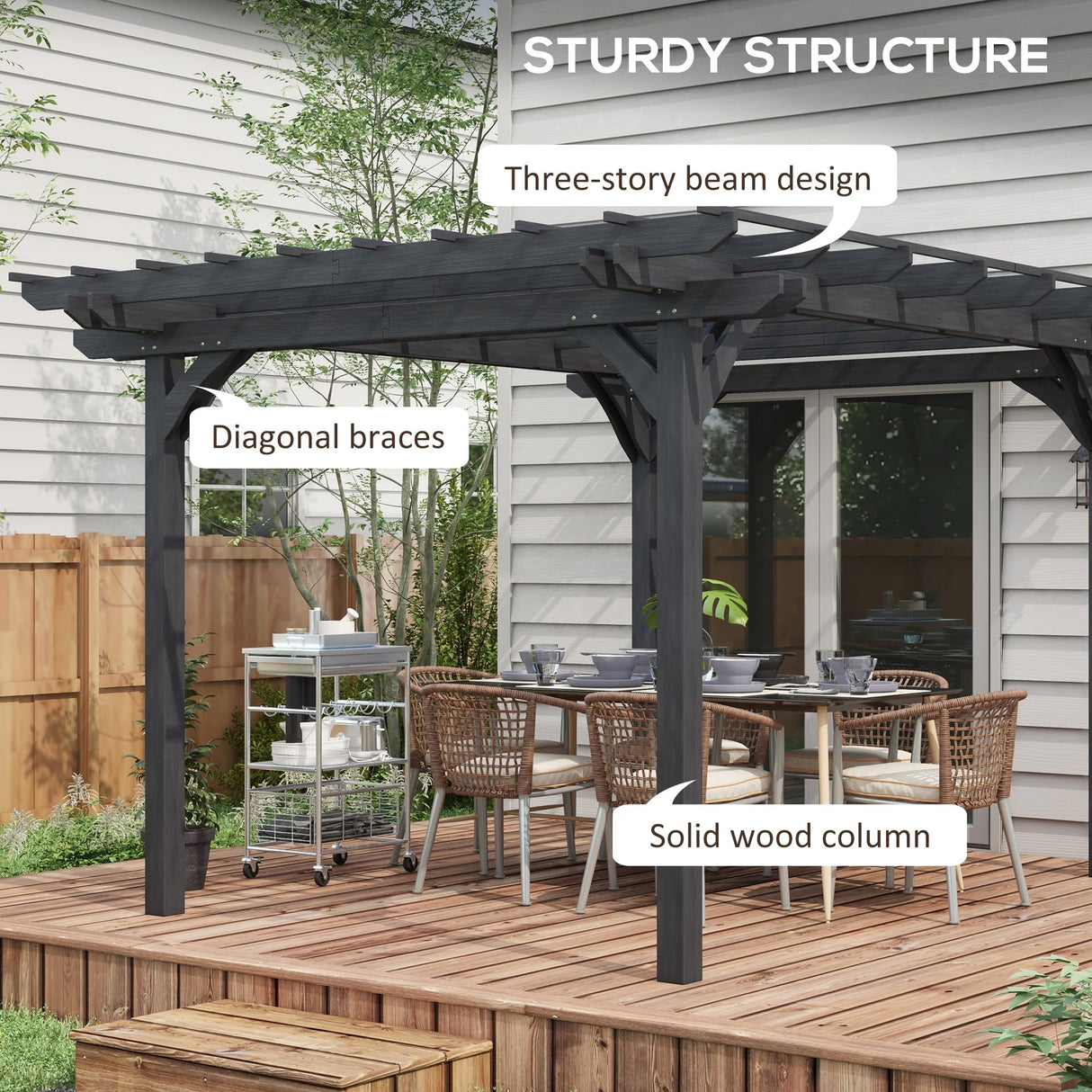 Outsunny 12' x 10' Outdoor Pergola, Wood Grape Gazebo for Climbing Plant Support, Garden, Patio, Backyard, Deck, Gray Outsunny