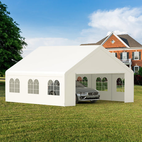 GOJOOASIS 20' x 20' Heavy Duty Carport with Roll-up Visual Windows, Reinforced Party Tent with Removable Sidewalls & Doors for Parties, Wedding, Outdoor Events, Car Canopy with All-Season Tarp, White GOJOOASIS