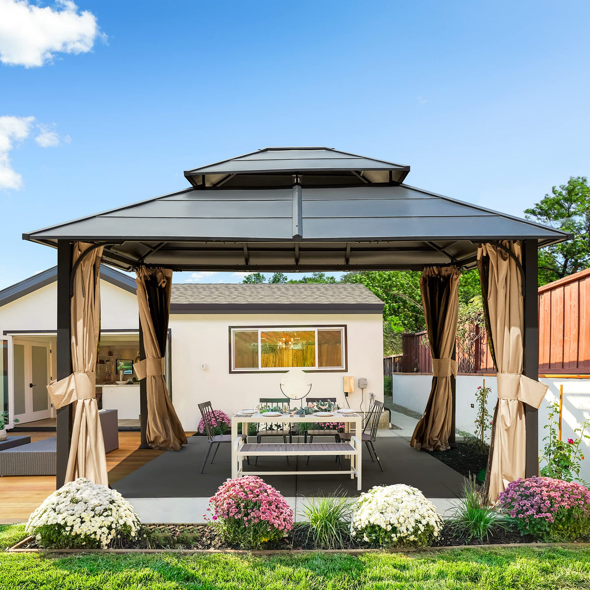 MELLCOM 12 x 14 FT Iron Hardtop Gazebo, Double Roof Gazebo with Curtains and Netting, Waterproof Canopy Gazebo with Anti-Rust Coating Frame for Patios, Lawns, Gardens, and Backyard MELLCOM