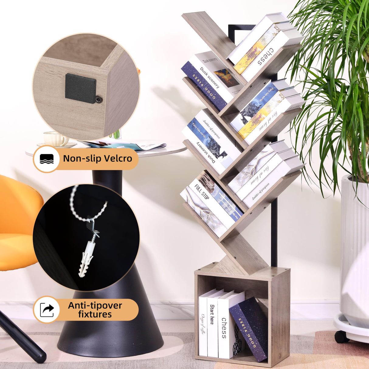 YSVCO Tree Bookshelf Bookcase with Storage Cabinet, 7-Tier Modern Corner Bookshelves, Narrow Wood Book Rack, Mini Floor Standing Book Organizer for Kid Room, Bedroom, Living Room, Home Office, CD/DVD YSVCO