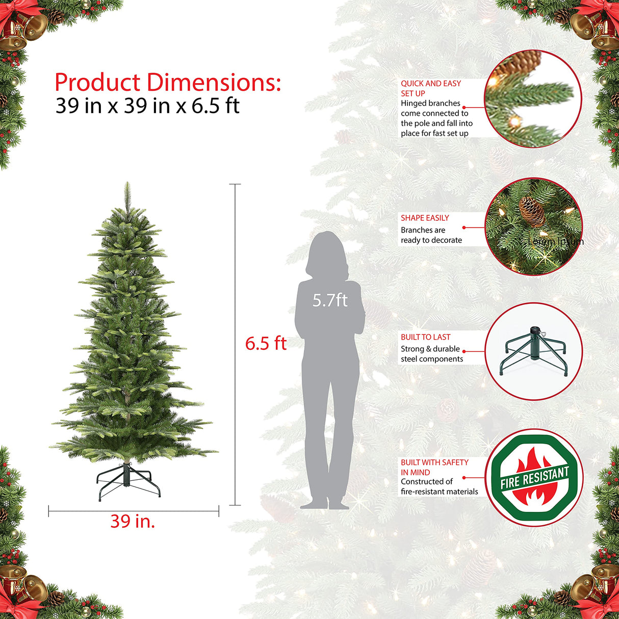 Puleo International 6.5 Foot Pre-Lit Slim Aspen Fir Artificial Christmas Tree with 350 UL-Listed Clear Lights Puleo International