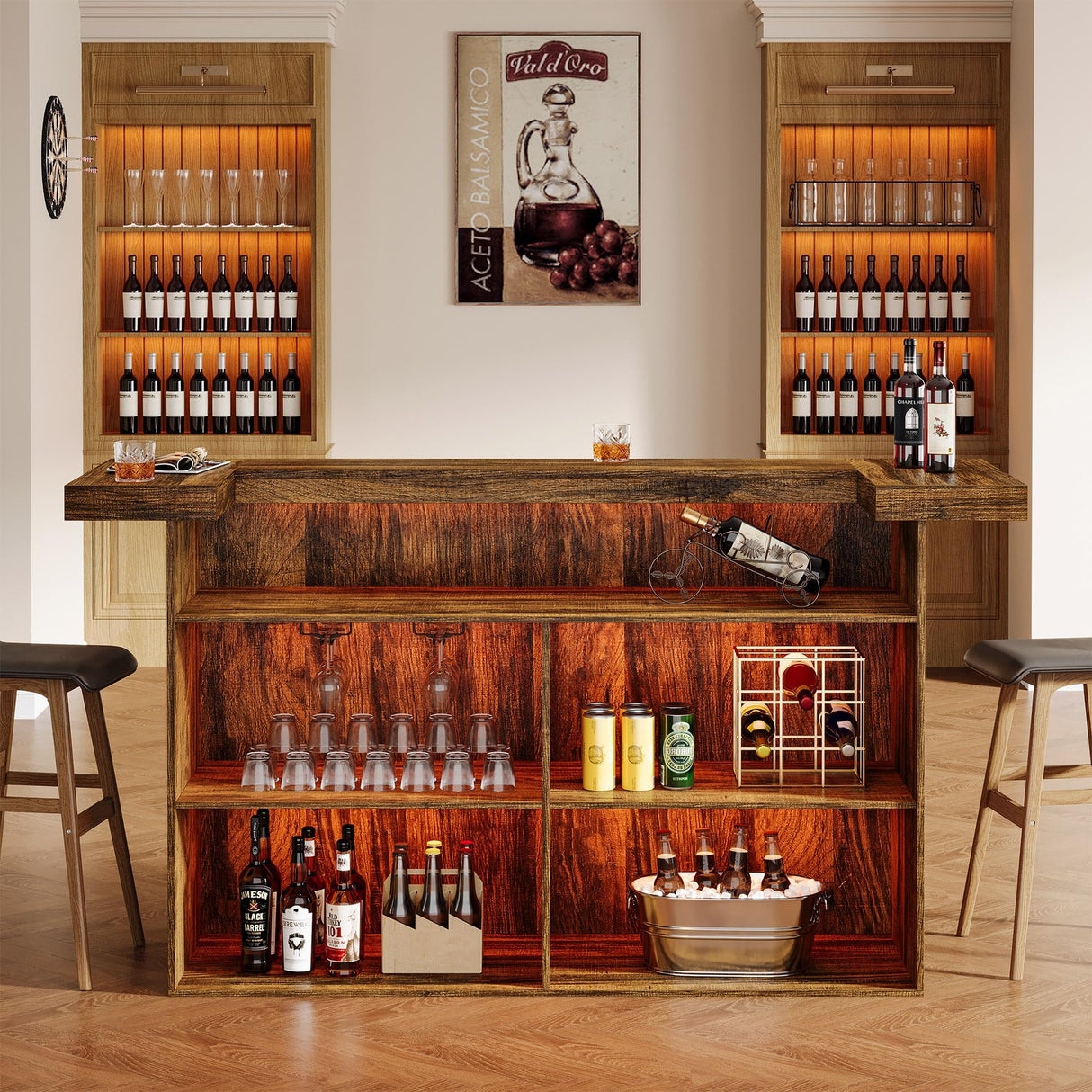 Tribesigns 4-Tier Bar Table, 70.9-Inch Large Wood Home Bar Unit with Wine Glass Holder and Black Footrest, Pub Table with Storage Shelves for Kitchen, Indoor, Brown Tribesigns