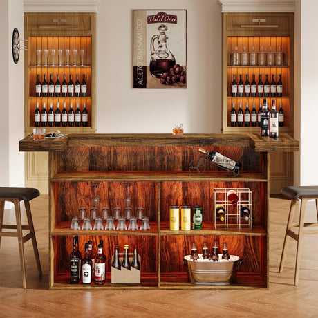Tribesigns 4-Tier Bar Table, 70.9-Inch Large Wood Home Bar Unit with Wine Glass Holder and Black Footrest, Pub Table with Storage Shelves for Kitchen, Indoor, Brown Tribesigns