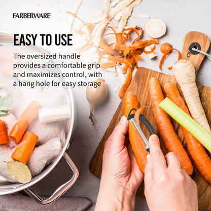 Farberware Euro Peeler, a Kitchen Essential for Quick and Easy Peeling of Produce, Chocolate, Cheeses and More. Features Hang-Hole for Easy Storage, Dishwasher Safe, Black