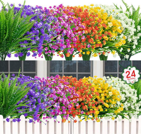 Ouddy Decor 24 Bundles Artificial Flowers for Outdoors UV Resistant Fake Plastic Plants Faux Boston Fern Greenery Stems for Spring Summer Indoor Garden Patio Window Box Kitchen Home Decor, Mixedcolor Ouddy Decor