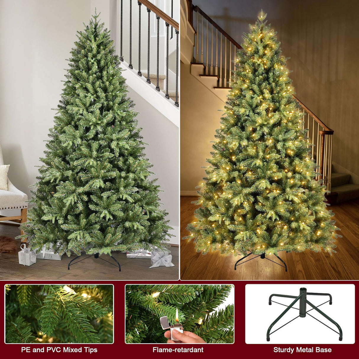Treepool 5FT Pre-Lit Artificial Christmas Tree with 1014 PE&PVC Mixed Branch Tips, 300 Warm White Lights, Hinged Premium Spruce Fake Xmas Trees, Green, Foldable Base Treepool