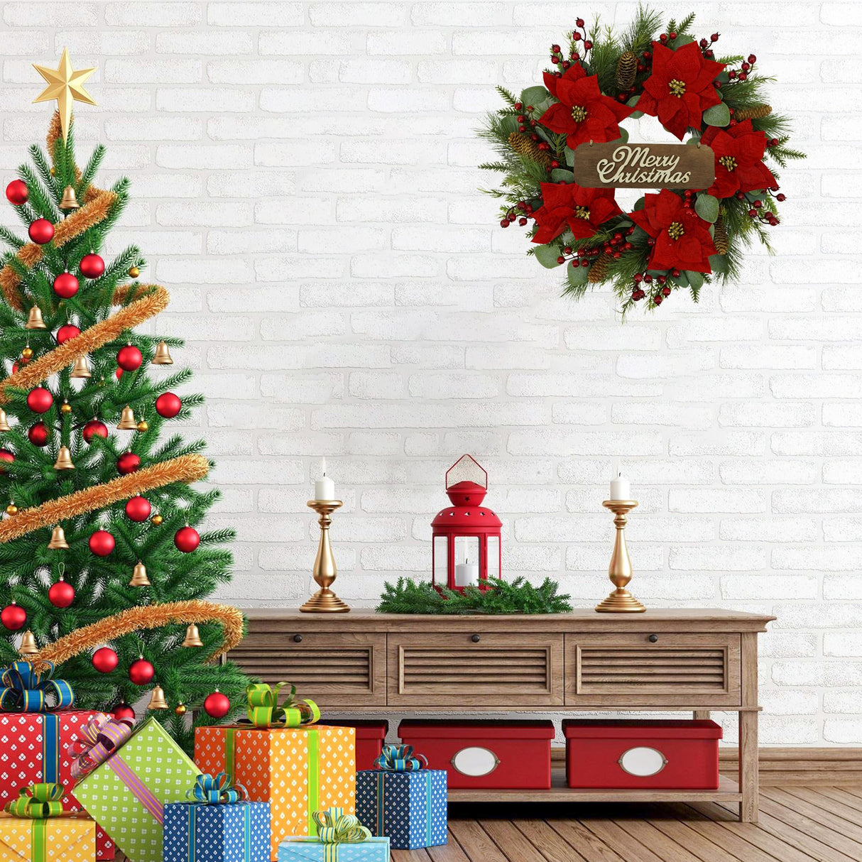 AMF0RESJ 20 inch Artificial Christmas Wreath Winter Wreath with Poinsettia,Eucalyptus Leaves,red Berry,Pine Cones,Pine Needles for Indoor Outdoor Farmhouse Home Wall Window Festival Wedding Decor AMF0RESJ