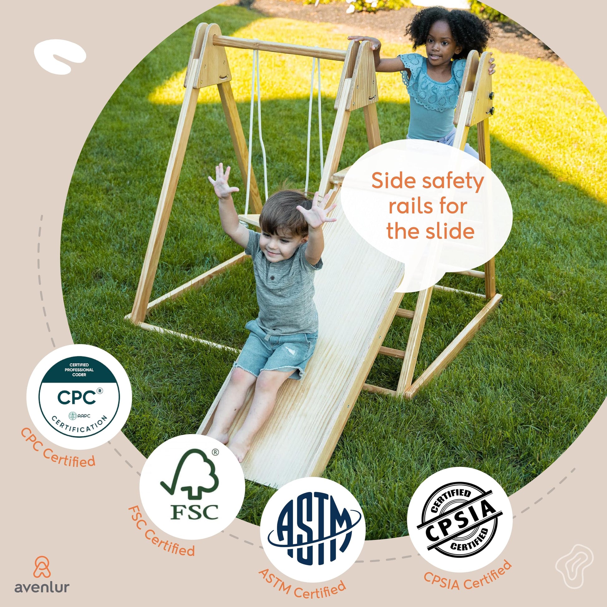 Avenlur 4-in-1 Juniper Outdoor Play Gym - Jungle Gym Playset with Baby Swing, Slide, Ladder, and Climbing Wall - Foldable Wooden Playset - Outdoor Jungle Gym for Kids Ages 18mo to 6yrs - WoodArtSupply