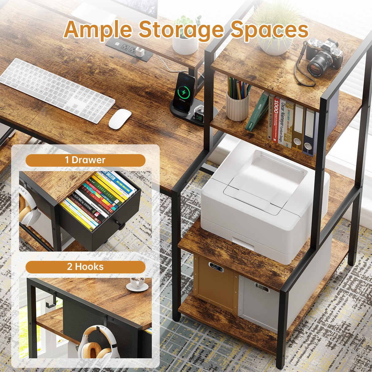 Creso hom Computer Desk with Printer Stand, 59" Office Table with Charging Station, Home Office Desk with LED and Monitor Stand, Reversible Desk for Study Writing Working Gaming, Rustic Brown Creso hom