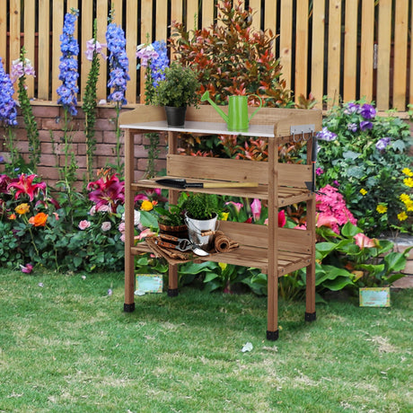 Yaheetech Outdoor Garden Potting Bench Table, Wooden Horticulture Planting Worstation w/Metal Tabletop/Storage Shelf/3 Hooks, Brown Yaheetech