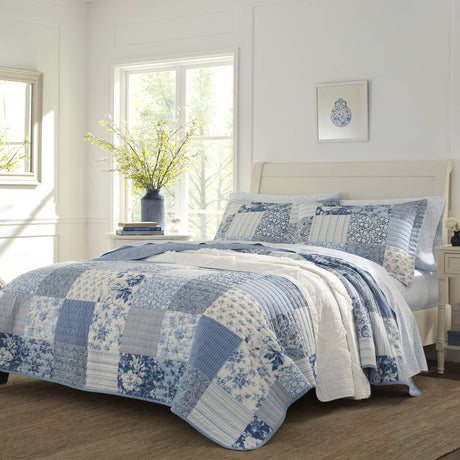 Laura Ashley - King Quilt Set, Reversible Cotton Bedding with Matching Shams, Farmhouse Inspired Home Decor (Paisley Printed Patchwork Blue, King) Laura Ashley