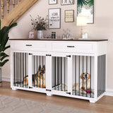 DAWNSPACES Dog Crate Furniture, 72 Inch Heavy Duty Wooden Large Dog Kennel with Drawers & Divider, Indoor Furniture Style Dog Crate with Double Rooms for Large Medium Small Dogs, White DAWNSPACES