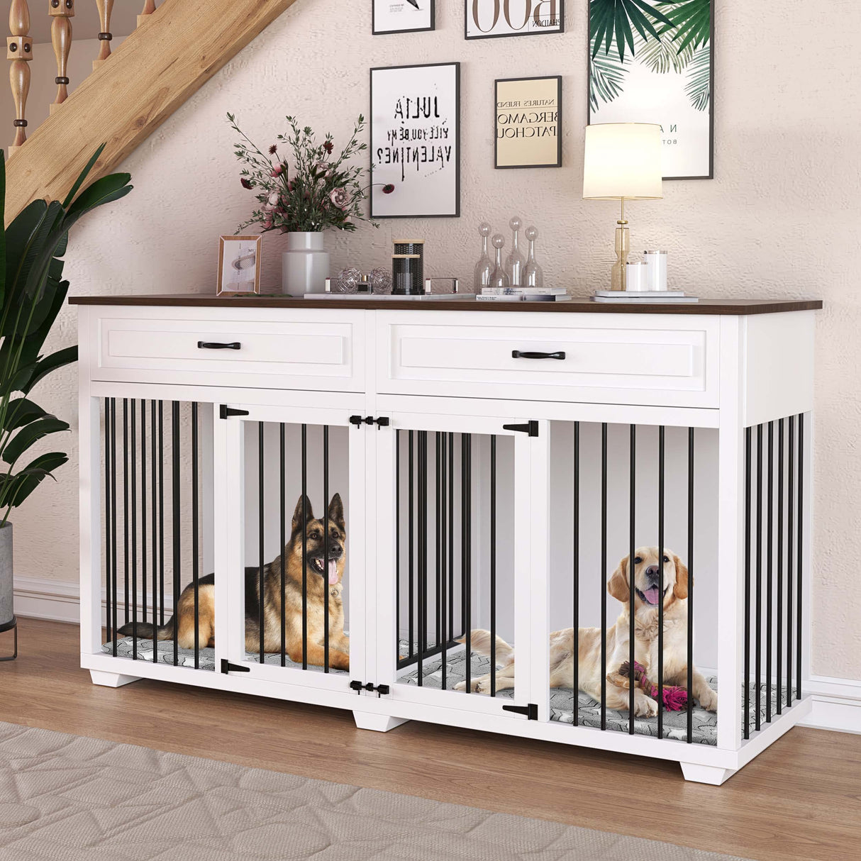 DAWNSPACES Furniture Style Dog Crate, 72" Large Wooden Dog Kennel with Drawers & Divider, Heavy Duty Indoor Dog Cage with Double Rooms for Large Medium Small Dogs, White DAWNSPACES