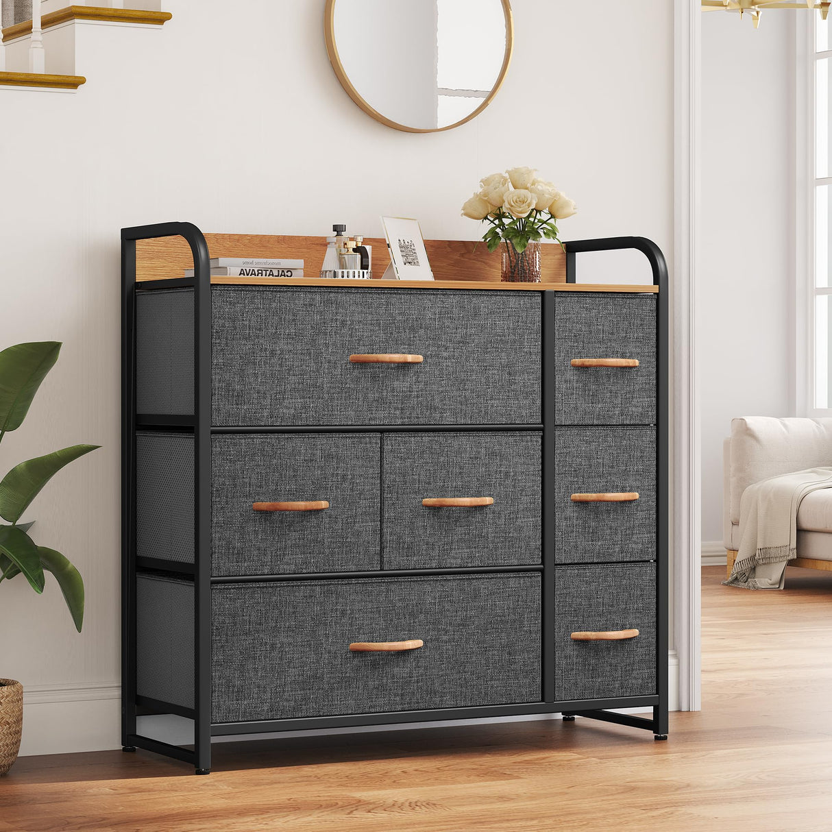 DWVO Fabric Dresser with 7 Drawers, Black Dresser & Chest of Drawers, Storage Tower with Large Capacity, Organizer Unit for Bedroom, Living Room & Closets DWVO