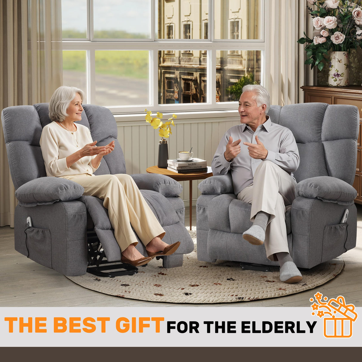 Oversized Power Lift Recliner Chair with Vibration Massage&Heat for Elderly,Classic Upholstered Breathable Fabric Lounge Chair with Side Pockets,USB Charge Port for Living Room,Only One Package Grey Sofetura