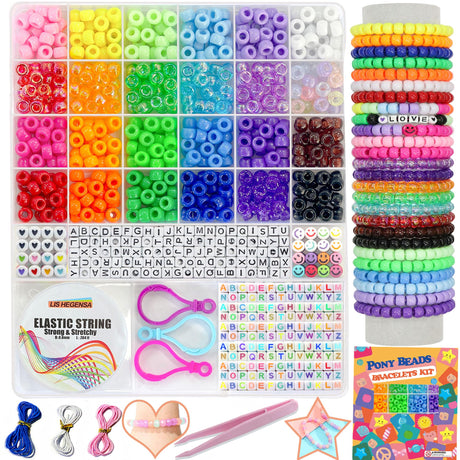 LIS HEGENSA Pony Beads Bulk,Kandi Beads for Necklace Jewelry Making Hair Braiding,Bracelets Making Kits,Hair Bead,Bracelet Beads,Plastic Beads for Crafts Braids Girls(24 Color,1000PCS) LIS HEGENSA