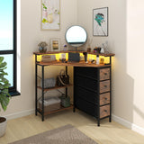 VENNQD Corner Desk with Drawers Shelves for Small Space 90 Degrees Triangle Computer Desk with Power Outlets,Gaming Desk with LED Lights Monitor Stand for Home Office Workstation Writing Table (Brown) VENNQD
