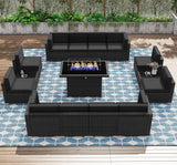 KHOLH 15 Pieces Patio Furniture Conversation Sofa Set with 44" Propane Gas Fire Pit Table, Outdoor Sectional Black Rattan Wicker Sofa Set KHOLH