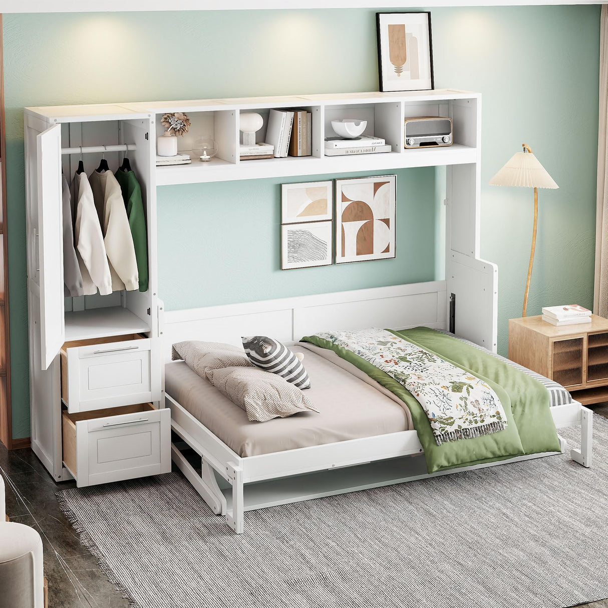 Ball & Cast Queen Size Murphy Bed Wall Chest with Closet and Storage Drawers,Wood Hideaway Platform Bedframe can be Folded,Easy Assembly,for Kids Bedroom,Student Dorms,White Ball & Cast