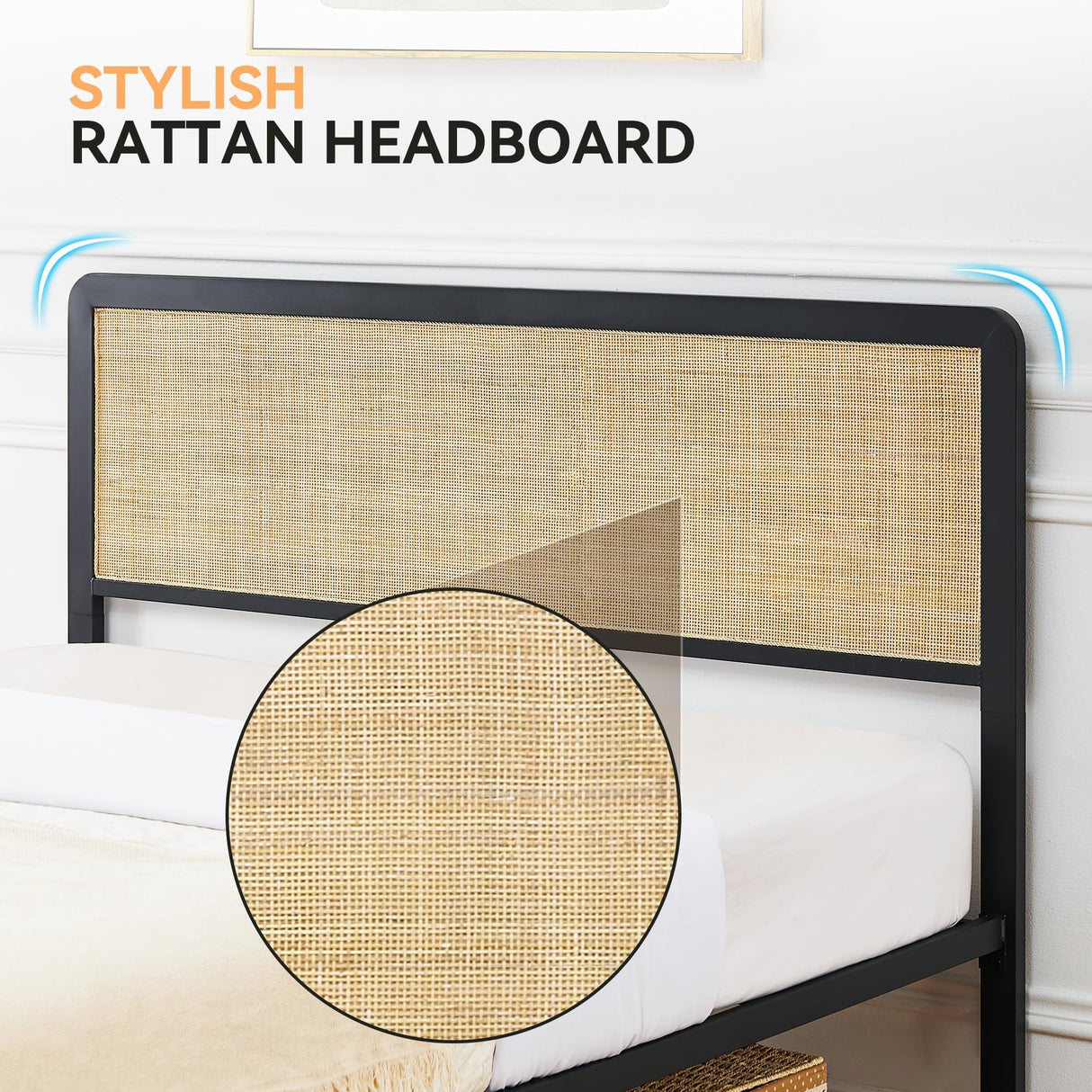 IDEALHOUSE Queen Metal Bed Frame with Rattan Headboard and Footboard, Strong Metal Slat Support, No Box Spring Needed, Queen Size, Black & Oak (Full((U.S. Standard)) IDEALHOUSE