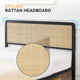 IDEALHOUSE Queen Metal Bed Frame with Rattan Headboard and Footboard, Strong Metal Slat Support, No Box Spring Needed, Queen Size, Black & Oak (Full((U.S. Standard)) IDEALHOUSE