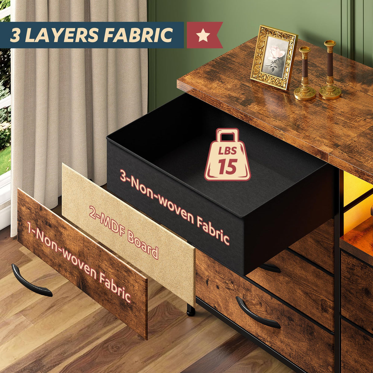 63" Long Dresser for Bedroom with 12 Fabric Drawers Entertainment Center with LED Lights & Power Outlets TV Stand for 70 Inch TV, Organizer for Bedroom, Rustic Brown Romorgniz