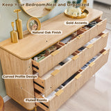 T4TREAM Fluted 7 Drawers Dresser for Bedroom, 54" Wide Modern Dresser TV Stand, Gold Accents, Fluted Fronts, Wood Storage Dressers Organizer for Bedroom, Living Room, Natural Oak T4TREAM