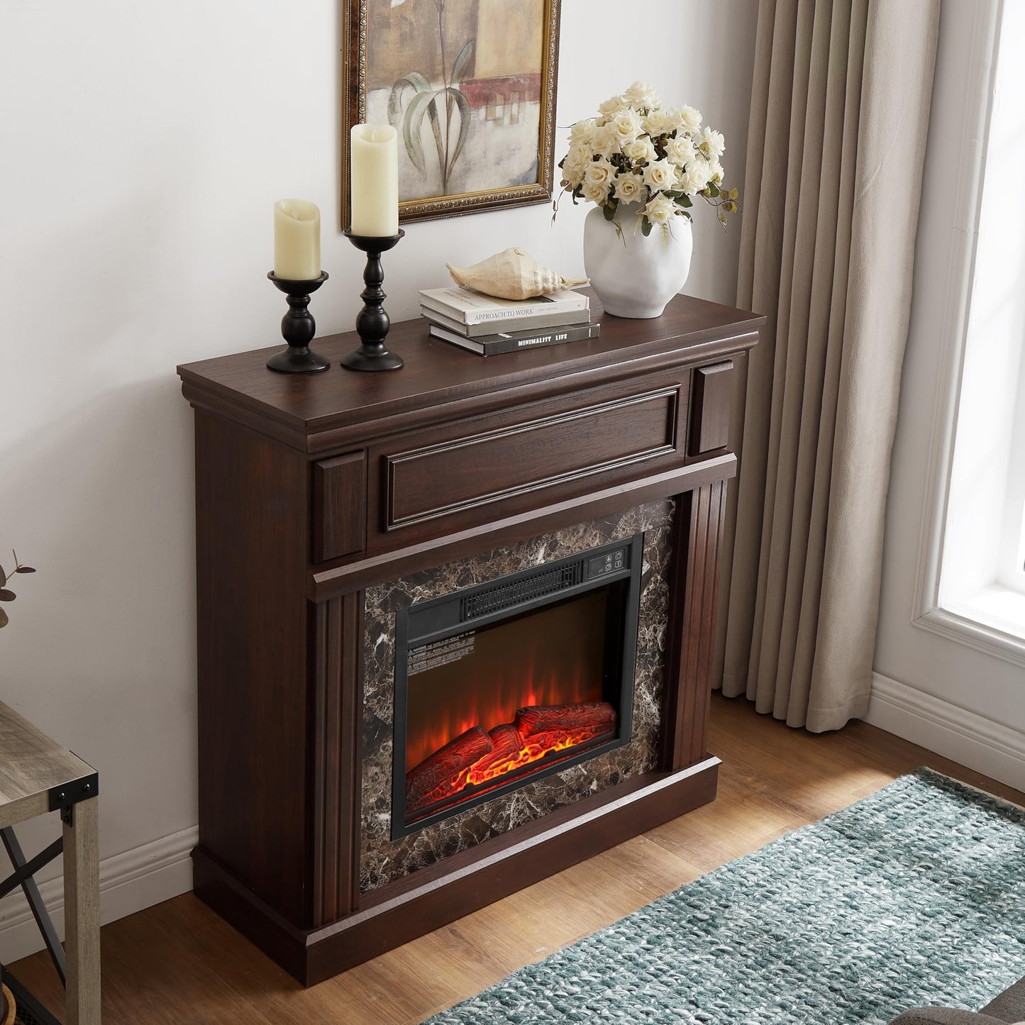 43" Electric Fireplace with Mantel, Electric Fireplace Heater, TV Stand w/Freestanding Electric Fireplace, Fireplace Mantel Wooden Surround for Living Room (Cherry)