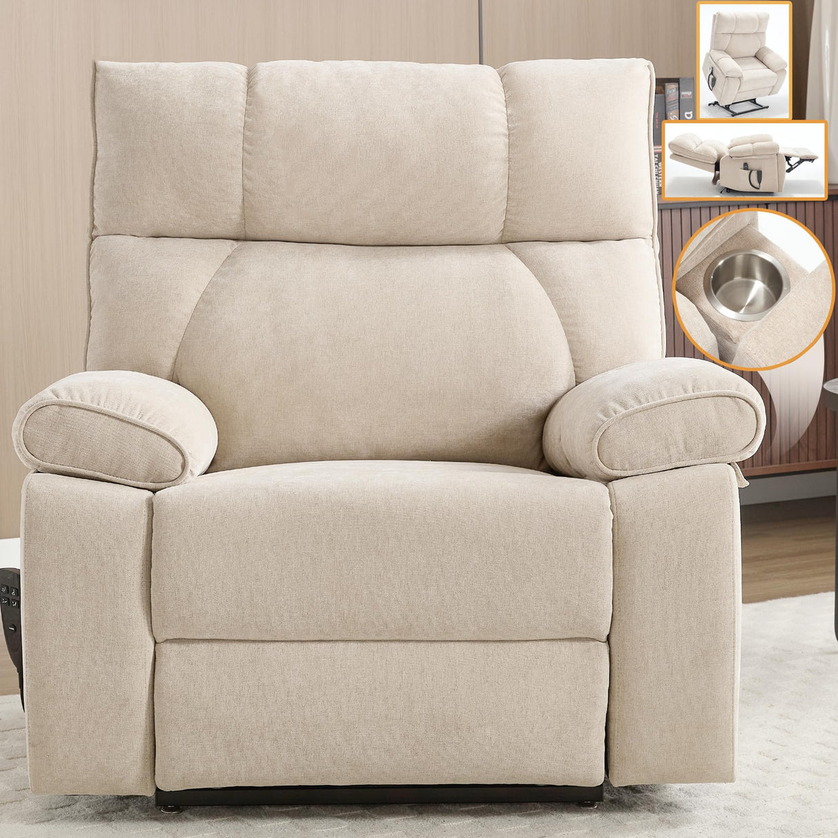 Trustyue Extra Large Dual Motor Power Lift Recliner Chair, Lift Chair with Massage and Heat for Elderly, Lay Flat Recliner, Standing Assistance, Stainless Steel Cup Holders, Chenille Beige Trustyue