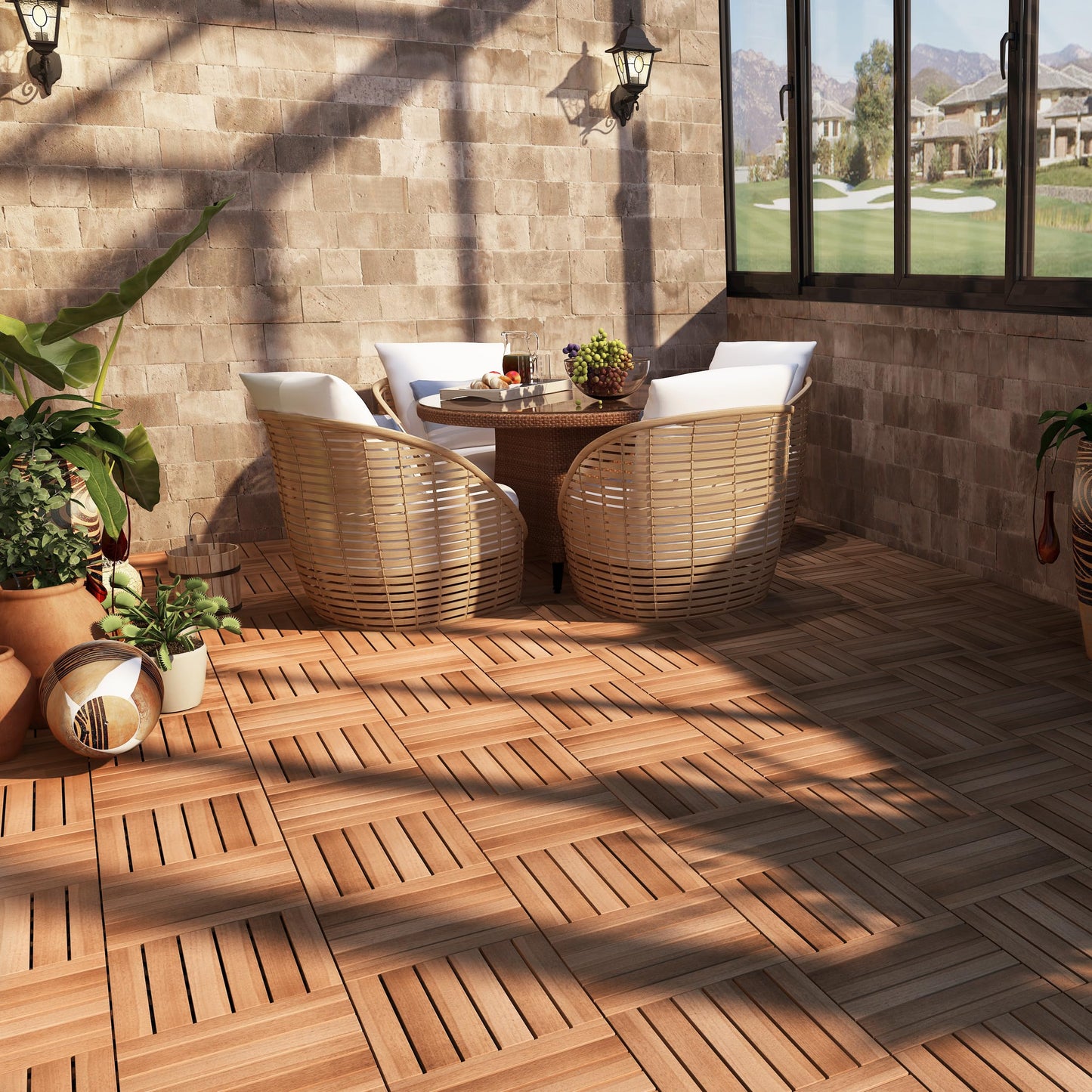 PrimeZone 54 PCS Solid Acacia Wood Interlocking Patio Deck Tiles - 12" x 12" Indoor Outdoor Waterproof Flooring Tiles for Balcony, Backyard, Garden & Poolside, All Weather Use, Natural Wood - WoodArtSupply