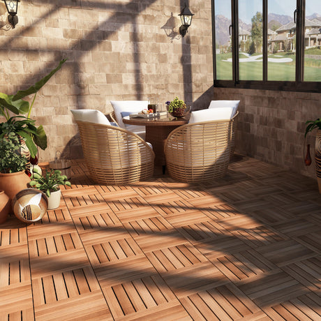 PrimeZone 54 PCS Solid Acacia Wood Interlocking Patio Deck Tiles - 12" x 12" Indoor Outdoor Waterproof Flooring Tiles for Balcony, Backyard, Garden & Poolside, All Weather Use, Natural Wood PrimeZone