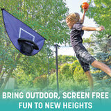 Skywalker Trampoline Outdoor Jump N' Dunk 8 FT, 12 FT, 15 FT, Round Outdoor Trampoline with Net, Trampoline Mat, and Basketball Hoop for Trampoline, ASTM Approval, 800 LBS Weight Capacity - Blue Skywalker Trampolines