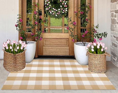 Khaki and White Outdoor Rug 3'x5', Fall Outdoor Porch Rug Cotton Woven Washable Farmhouse Indoor Outdoor Doormat for Front Porch Hello Welcome Layered/Entryway/Bedroom/Living Room/Patio KIhipIoe