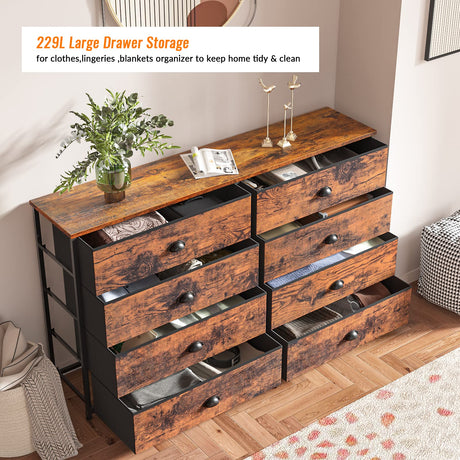 Furnulem Long Dresser for Bedroom, TV Stand for 55'' TV, Wide Storage Drawer Unit with 8 Fabric Bins, Double Dresser for Bedroom, Office, Dorm, Closet, Entryway, Wood Top (Rustic Brown) Furnulem