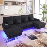 LIFEISLE 104" Sectional Couches for Living Room Modular Sofa with Double Chaise U Shaped Sofa Set with Intelligent Light for Home Furniture, Black LIFEISLE