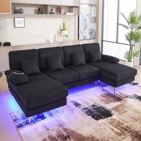 LIFEISLE 104" Sectional Couches for Living Room Modular Sofa with Double Chaise U Shaped Sofa Set with Intelligent Light for Home Furniture, Black LIFEISLE