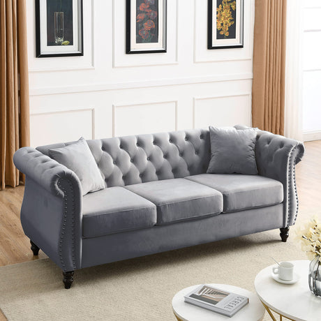KEIKI Chesterfield Sofa, Retro Style Upholstered 3 Seater Velvet Couch with Rolled Arm for Living Room Bedroom Office Apartment, Grey KEIKI