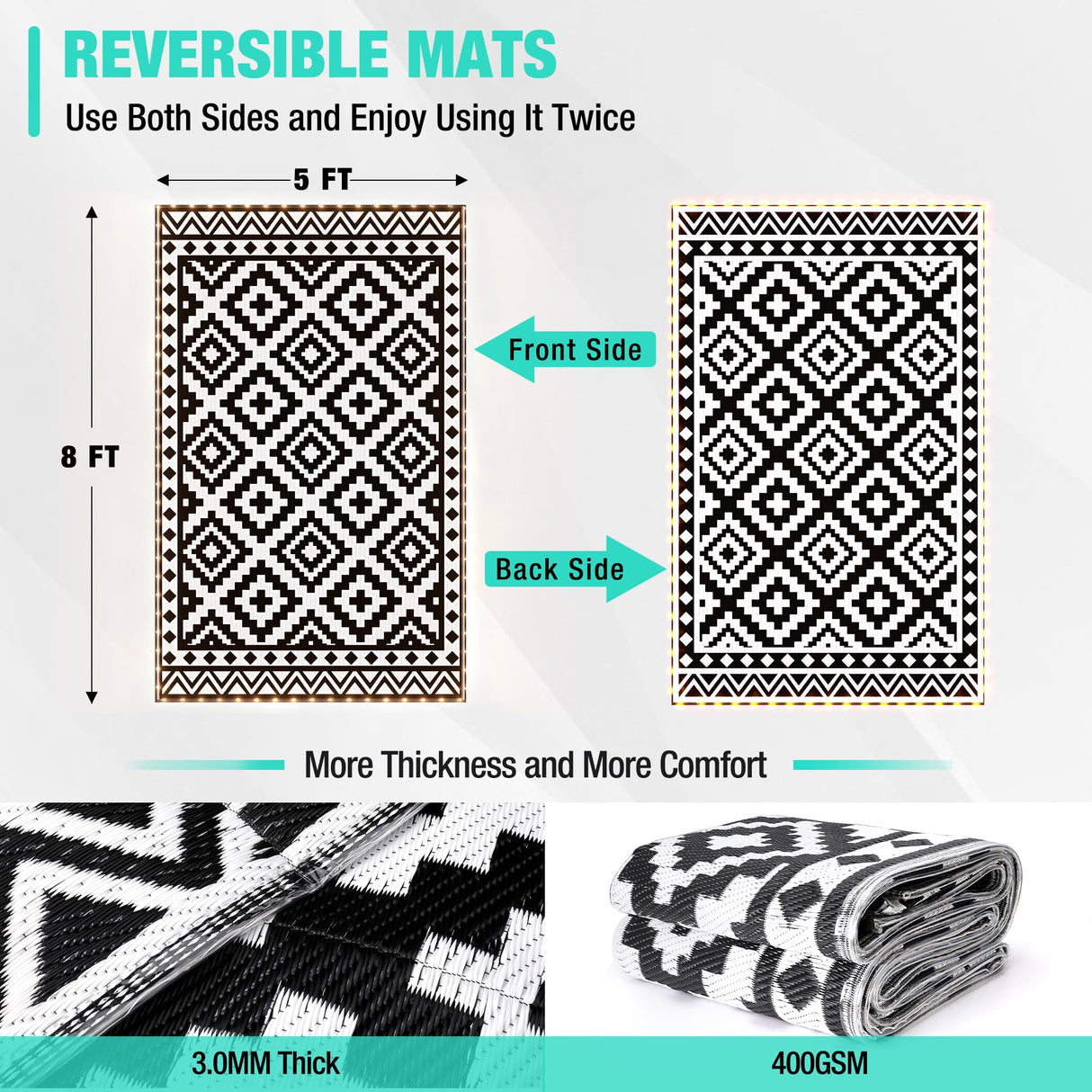 HAUSHOF 5'X8' Outdoor Rug Waterproof with LED Strip Light, Reversible Outdoor Plastic Straw Rug, Patio Rug with 4 Rug Stakes, Outdoor Carpet Mat for RV, Camping, Beach, Porch, Balcony, Black&White HAUSHOF