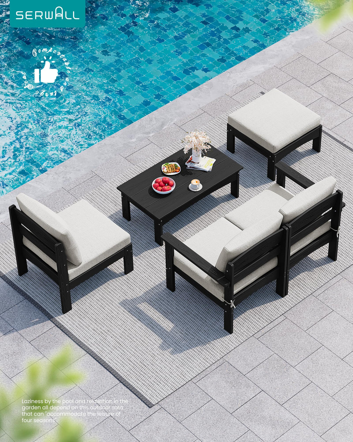 SERWALL HDPE Patio Loveseat Sofa, 2 Pieces Single Sofa, Weather-Resistant Outdoor Furniture Chair with Thick Removable Cushion, Balcony, Garden, Backyard, Poolside, Black Frame with Khaki Cushion SERWALL