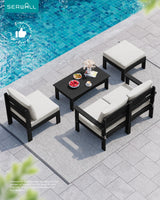 SERWALL 5-Piece Patio Sofas, All-Weather HDPE Outdoor Sectional Sofa with Cushions and Coffee Table, Large Modular Patio Conversation Set for Garden, Lawn, Deck, Porch, Black Frame with Khaki Cushion SERWALL