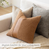 SINYASAN 18"x18" Tobacco Boucle Throw Pillow Covers with Faux Leather Accents Set of 2 Fluffy Textured Decorative Pillow Cases for Couch Bed Boho Farmhouse Square Cushion Covers for Nordic Home Décor SINYASAN