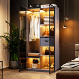 Wardrobe-Storage Cabinet With Human Sensor Design - Side Cabinet with LED Lighting - Organizer Armoire have 2 Drawers&6 Shelfs - Wardrobe With 2 Acrylic Door - Closet for Bedroom Furniture-Grey FREDEES